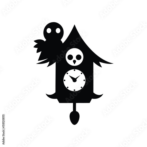 Haunted cuckoo clock with ghostly bird Halloween silhouette Vector illustration