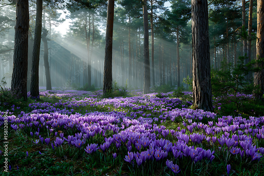 Naklejka premium Sunlit Misty Forest Clearing Abundant Purple Crocus Flowers Springtime Sunlight Through Trees Tranquil Nature Scene 1