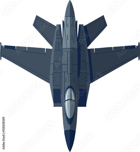 Military fighter jet top view vector illustration in dark blue and gray color scheme for aviation design projects and technology themes