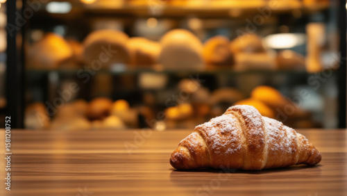 A single croissant, dusted with powdered sugar, sits on a dark wooden surface. The background is blurred, suggesting a warm, bakery setting. The focus is sharp on the pastry, highlighting its texture 