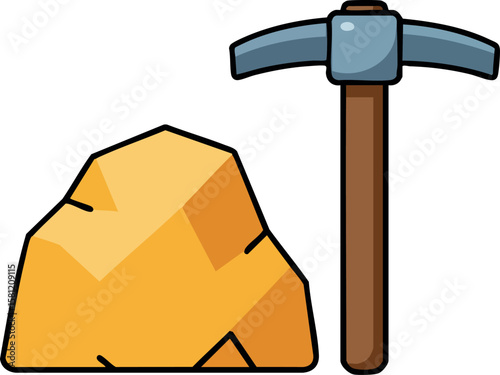 Mining pickaxe and large yellow rock mineral extraction vector icon design for industry and geology concepts