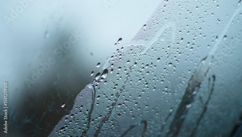 Glass pane covered with water drops and fog, creating a soft and moody rainy day atmosphere. Generative AI.