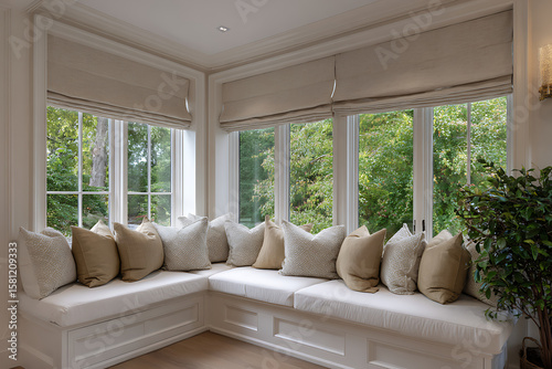 Sunroom Bay Window Seat with Beige Cushions and Roman Shades Natural Light Green Trees View built in seating