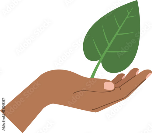 Hand holding green leaf symbolizing care for nature and environment in simple vector style illustration