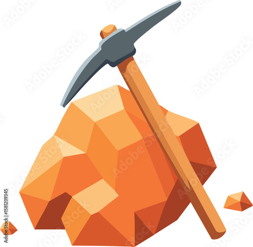 Mining pickaxe tool and orange rock mineral extraction vector icon design illustration