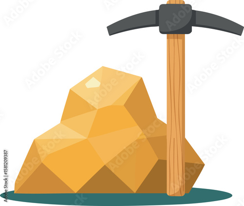 Pickaxe and gold rock mining tool for excavation and mineral extraction vector illustration