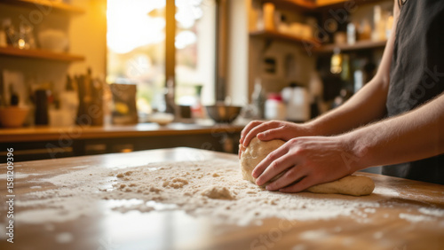 Hands kneading dough on a floured wooden surface. Warm, natural light illuminates the scene. Focus is on the hands and dough, with a blurred background of a kitchen.