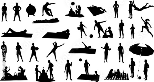 Vector illustration set of silhouette people enjoying summer vacation