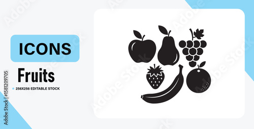 Collection of Fresh Fruit Icons Apple, Pear, Grapes, Strawberry, Banana, Orange