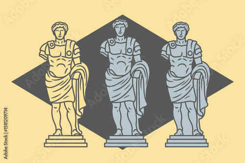 Three Roman statues stand tall in a stylized vector art illustration.
