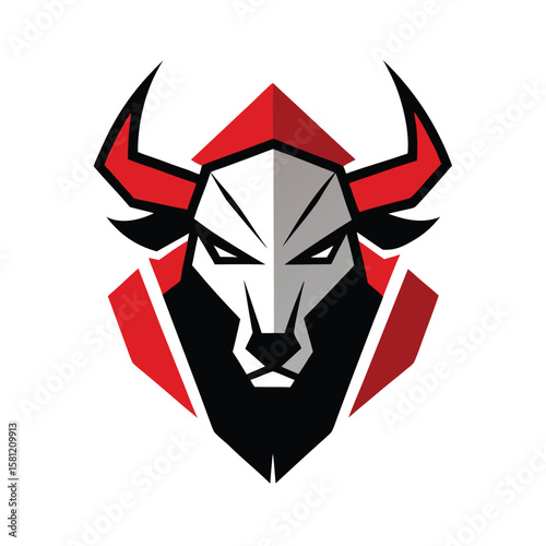 Geometric bull head logo in red black and white colors with sharp angular shapes vector