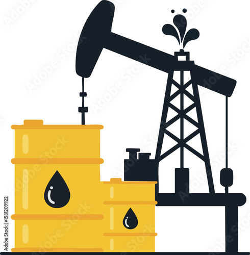 Oil pumpjack with yellow barrels and black oil drops vector illustration of petroleum extraction industry equipment and energy resources
