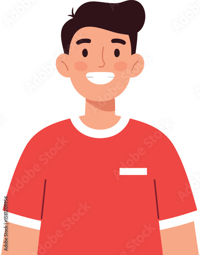 Smiling young man with short dark hair wearing red t-shirt casual friendly male portrait vector illustration