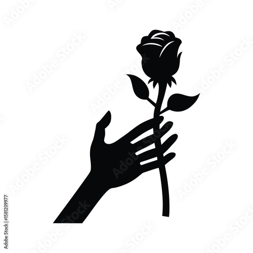 Skeleton hand gently holding a dark rose Halloween silhouette Vector illustration