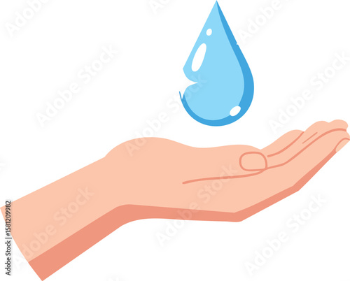 Hand holding water drop symbolizing hydration and purity in simple vector style illustration