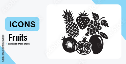 Collection of Fruits Icons Pineapple, Strawberry, Grapes, Pomegranate, Kiwi, Passion Fruit