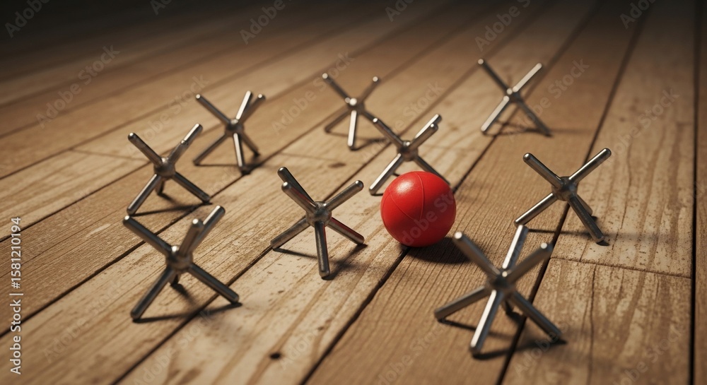 Red Sphere Amidst Metal Star-Shaped Obstacles on Wooden Surface Red Sphere Amidst Metal Star-Shaped Obstacles on Wooden Surface