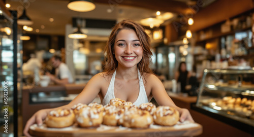 A woman smiles warmly, holding a tray of cinnamon swirls. The background shows a bakery with blurred customers. Natural light and a shallow depth of field create a cozy, inviting feel.