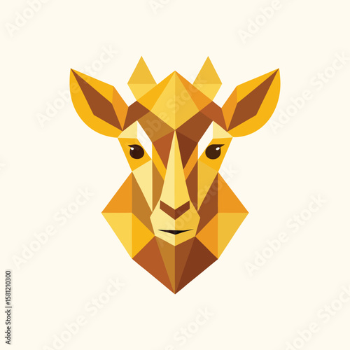 Geometric giraffe head and neck illustration in shades of yellow and brown on cream background