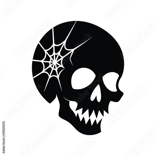 Cracked skull with hollow spooky eyes Halloween silhouette Vector illustration