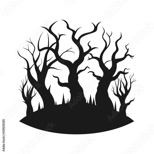 Spooky forest tree towering with shadows Halloween silhouette Vector illustration
