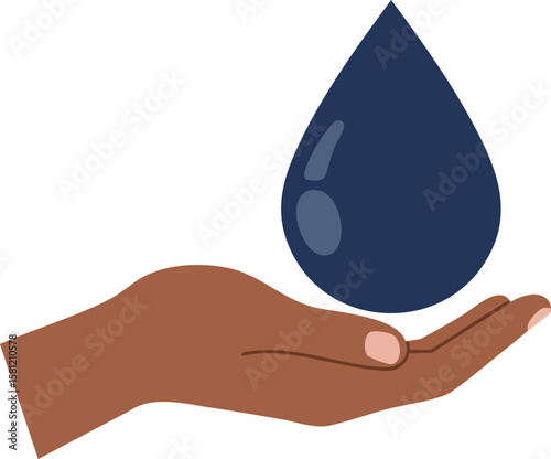 Hand holding large water drop symbolizing water conservation and environmental awareness in flat vector style