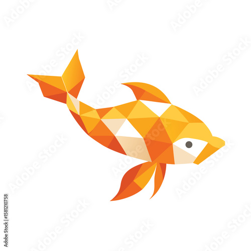 Orange polygonal fish illustration swimming upward on white background yellow geometric