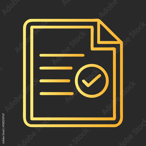 Document with checkmark icon in golden design on dark contrasting background for approval and completion concept