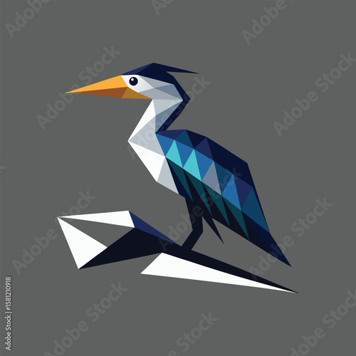 Polygonal Cormorant Bird Illustration Perched on White Geometric Shape Against Gray Background
