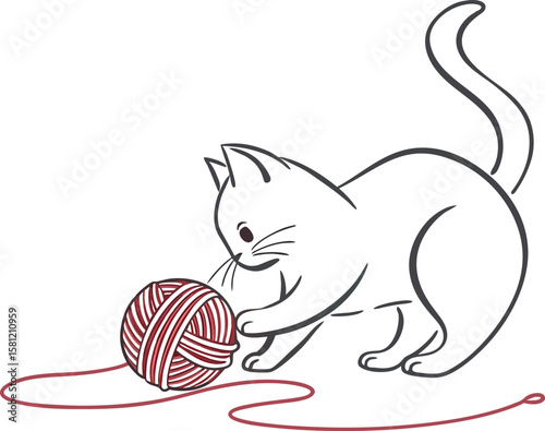 Cat Playing with Wool Ball on White Background Vector