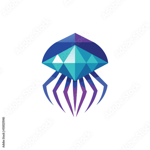 Polygonal jellyfish logo illustration with geometric body and tentacles in shades of blue and purple