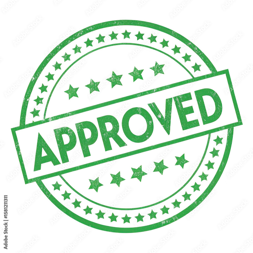 Fototapeta premium Green approved stamp with stars isolated on transparent background