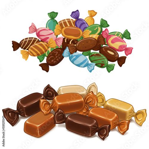 A delightful assortment of wrapped candies in various colors, shapes and sizes, perfect for a festive design element or sweet treat themed project.