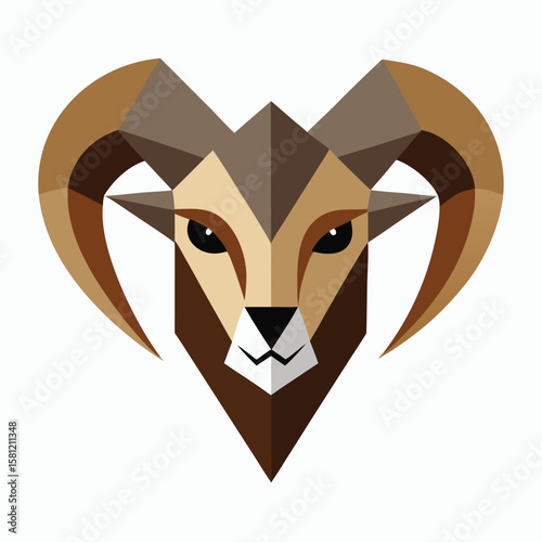 Polygonal ram head illustration brown beige colors with curved horns and black eyes on white