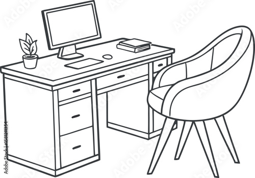 Contemporary Office Desk Setup Vector on White Background