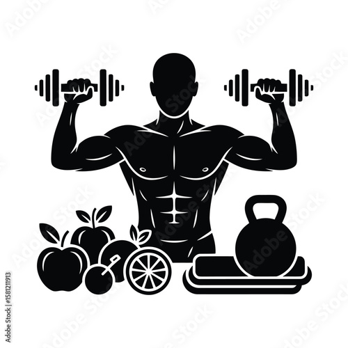 Muscular man lifting dumbbells with fruits and kettlebell athletic fitness