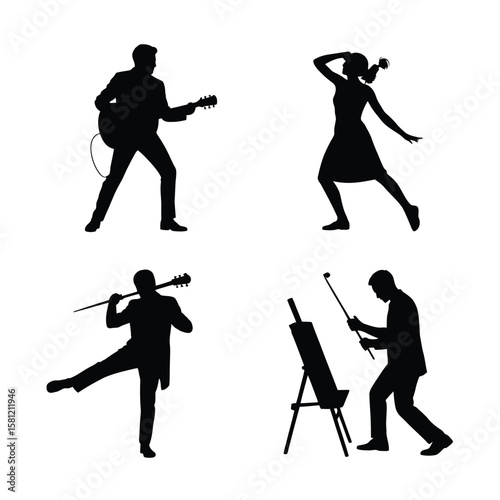 Musician dancer artist golfer silhouettes black white