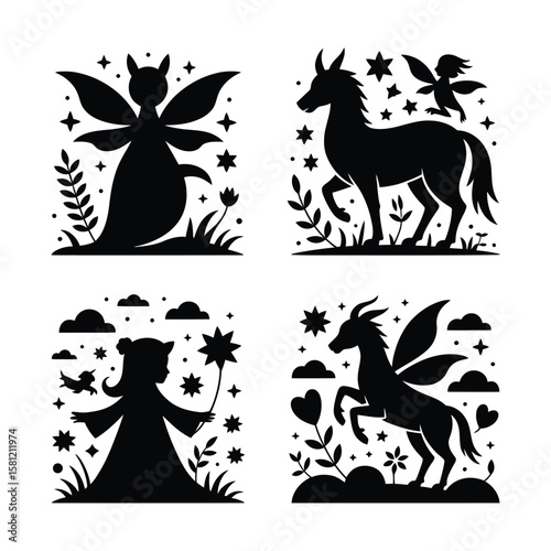Mythical creatures and celestial elements in silhouette fairy unicorn