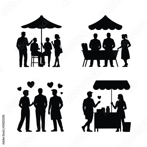 People interacting at outdoor stalls and under umbrellas silhouettes