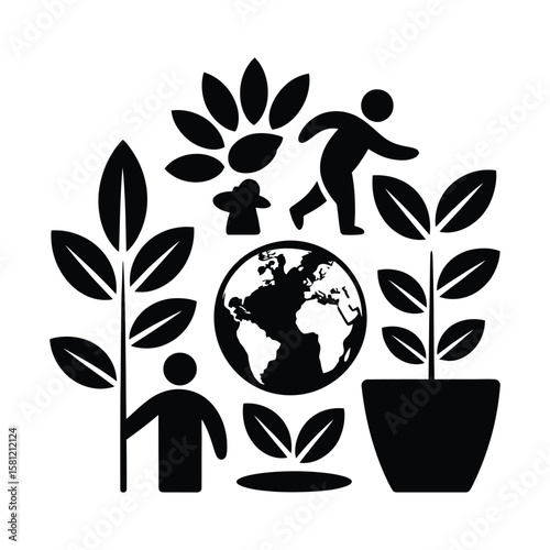 People plants earth flower pot growing vector