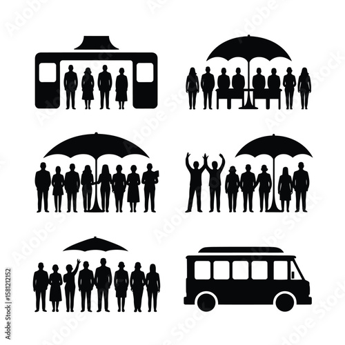 People under umbrellas and in a bus shelter group