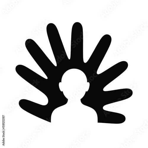 Person silhouette with black hand fan shape white