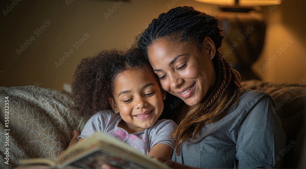 A woman reads a book to a child, sharing a loving moment together. Their smiles radiate joy and connection. A woman reads a book to a child, sharing a loving moment together. Their smiles radiate joy and connection.