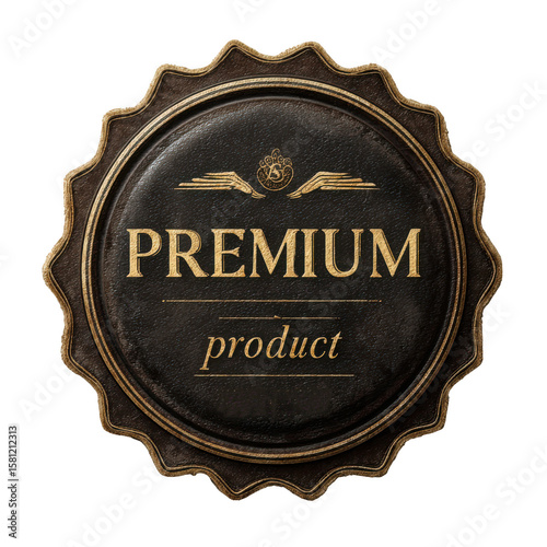 A circular premium product seal with a textured dark background and elegant gold lettering, featuring a vintage design isolated on transparent background