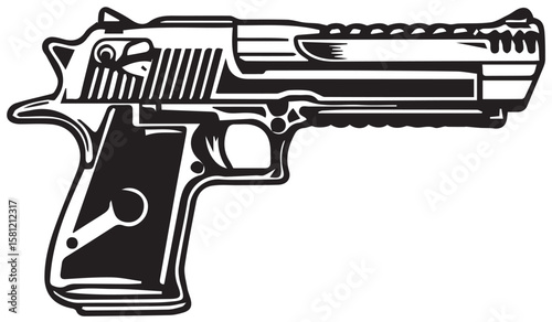 "A sleek, high-caliber semi-automatic pistol, intricately detailed, conveying power and precision."