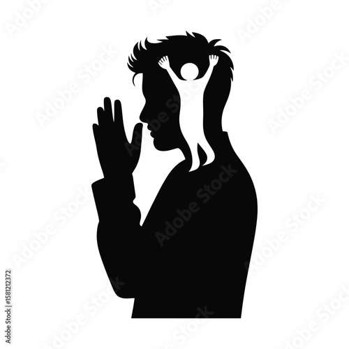 Silhouette man with inner joy and praying hands head profile