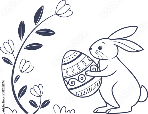 Festive Bunny with Painted Egg Illustration on White