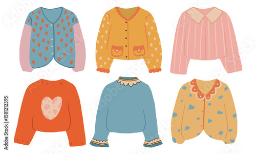 A cute set of cozy handmade cardigans and sweaters. Fashionable, bright retro design.