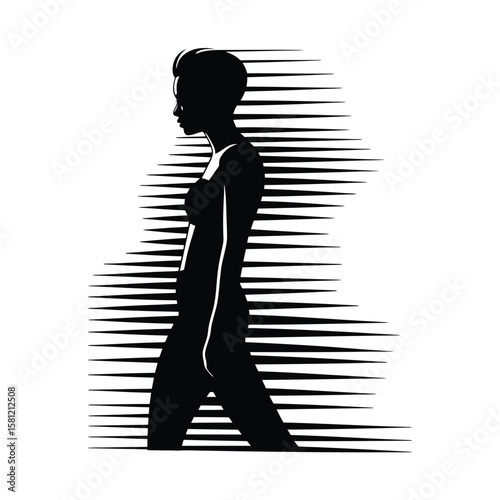 Silhouette of a woman walking with abstract background black white