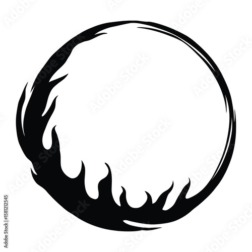 Black silhouette of fiery ring frame isolated on white background